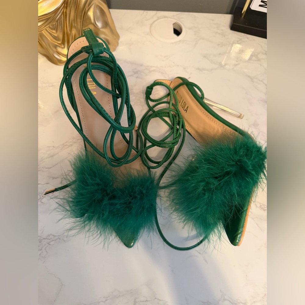 Green Feather Lace-Up Stiletto Heels